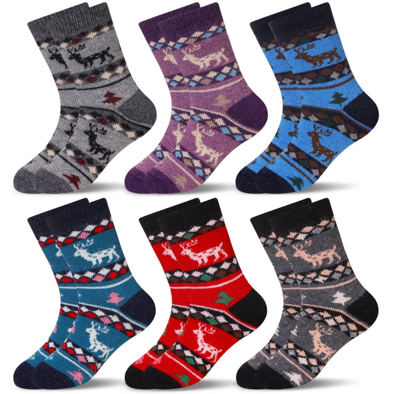 Eocom 6 Pairs Children's Winter Warm Wool Animal Crew Socks Kids Boys Girls Socks (6 Pairs Christmas Deer, 8-12 Years) - Image 1